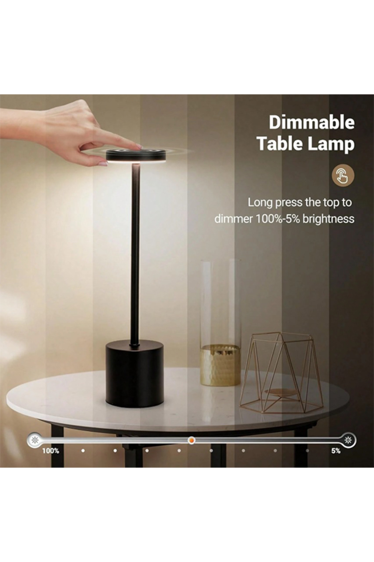 مصباح مكتبي لاسلكي قابل لإعادة الشحن بقوة 3600 مللي أمبير/ساعة، مصباح مكتبي اسود محمول معدني.