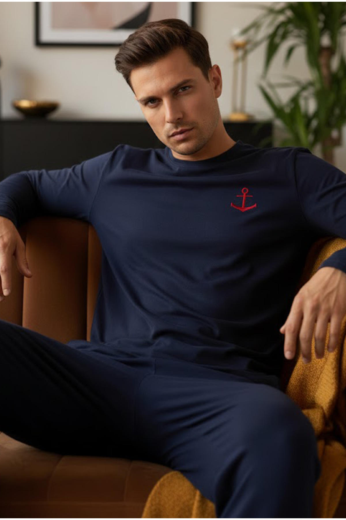 Siyah İnci  lacivert Uzun Kollu Örme Erkek Pijama Takım 7795