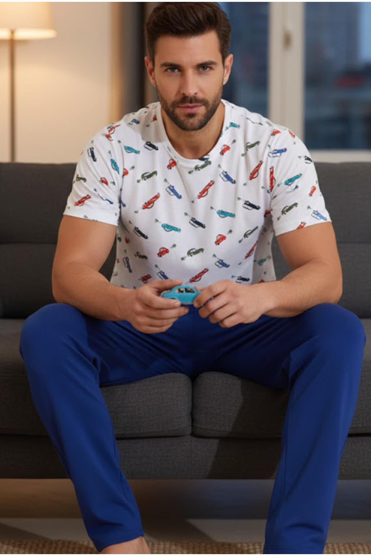 Siyah İnci beyaz renkli desenli Bisiklet Yaka Baskılı Örme Pijama Takım 25109843