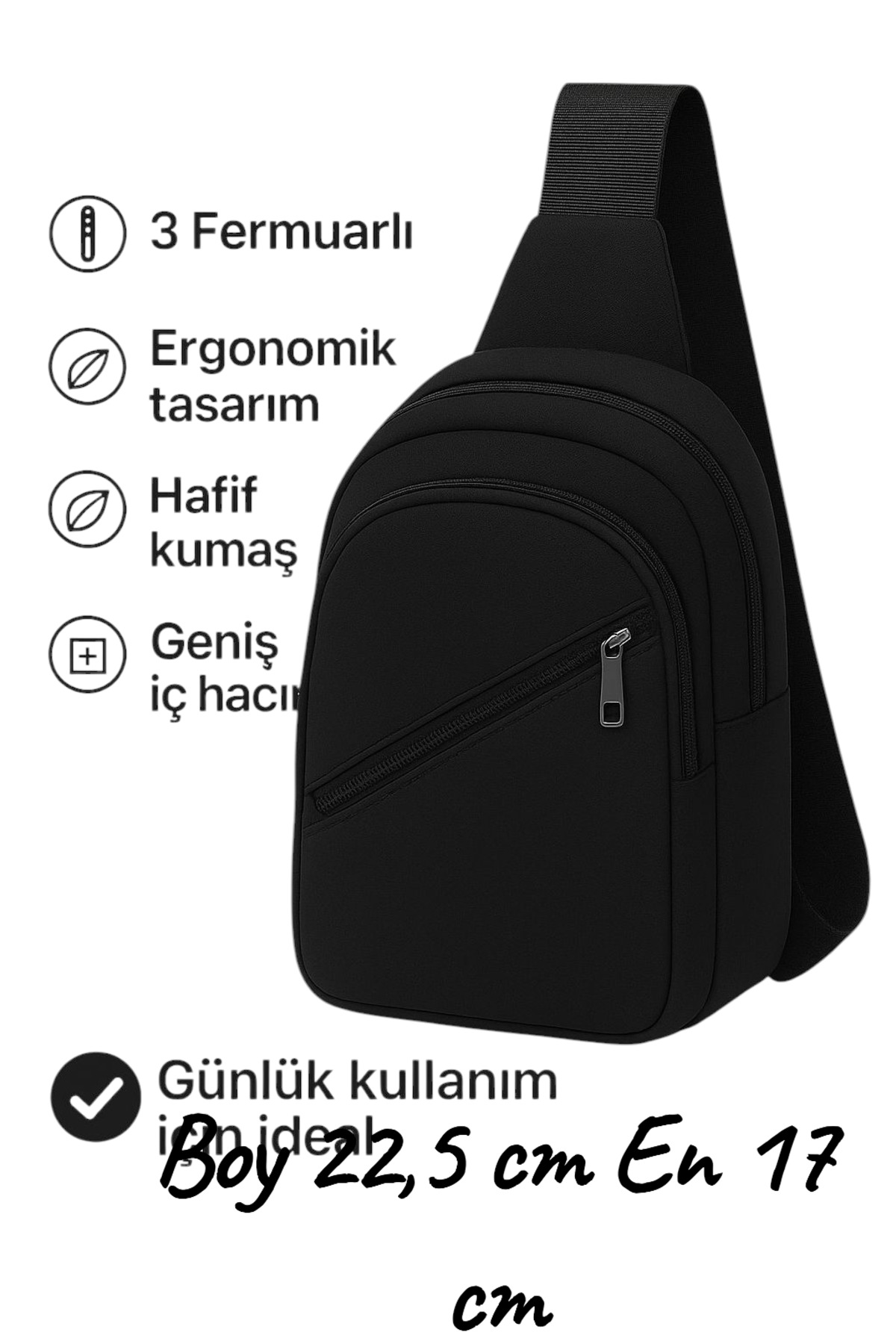 Sofia  Siyah 3 Fermuarli Kadın Erkek Göğüs Ve Bel Yandan Çapraz - Görsel 5