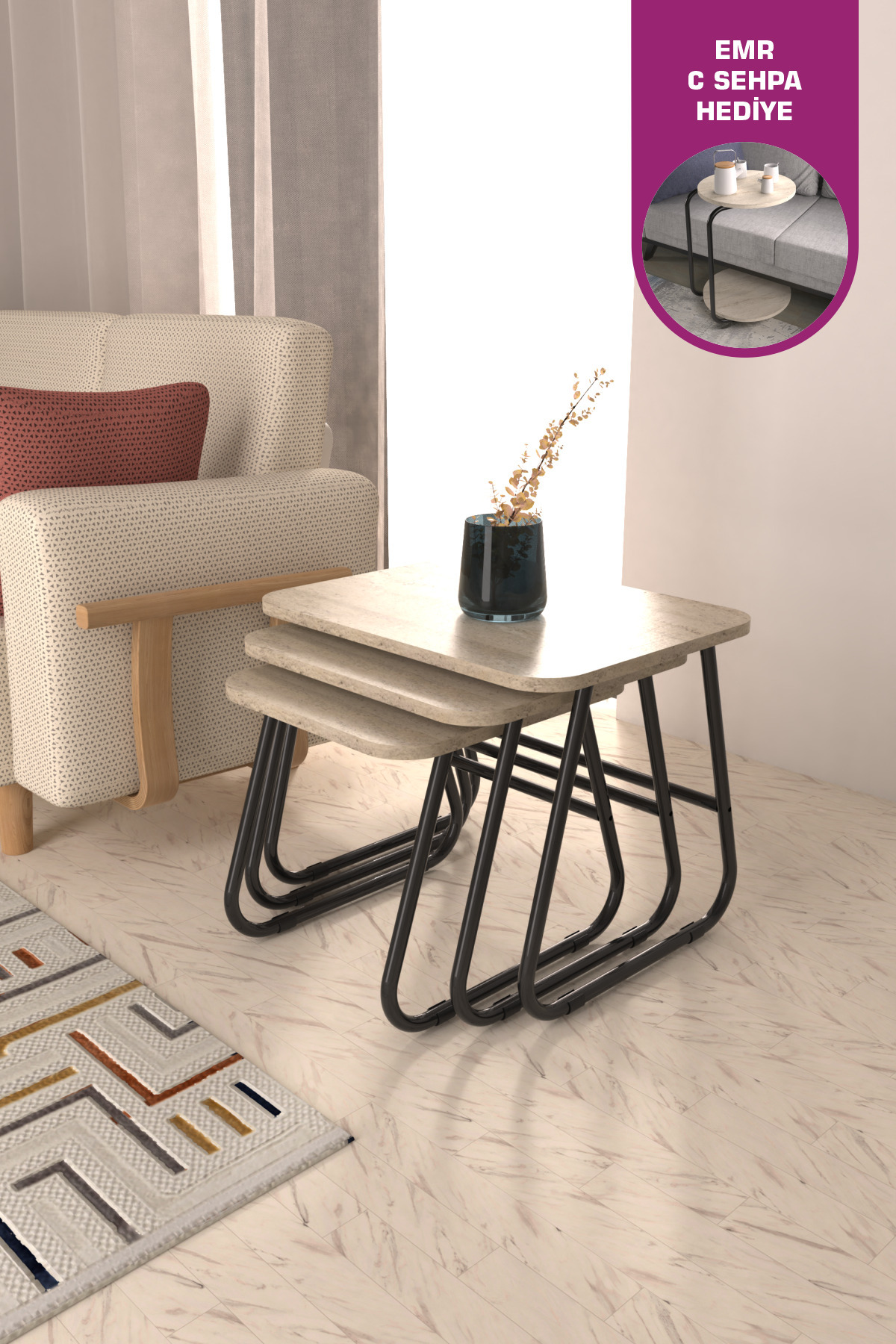 Zigana Multipurpose Black Metal Foot 3-Piece Travertine MDF Zigon Coffee Table