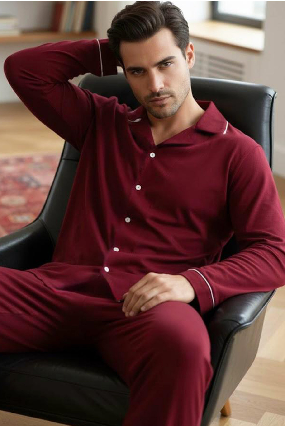 Siyah İnci Bordo Erkek Pamuklu Gömlek Yaka Düğmeli Biyeli Pijama Takım