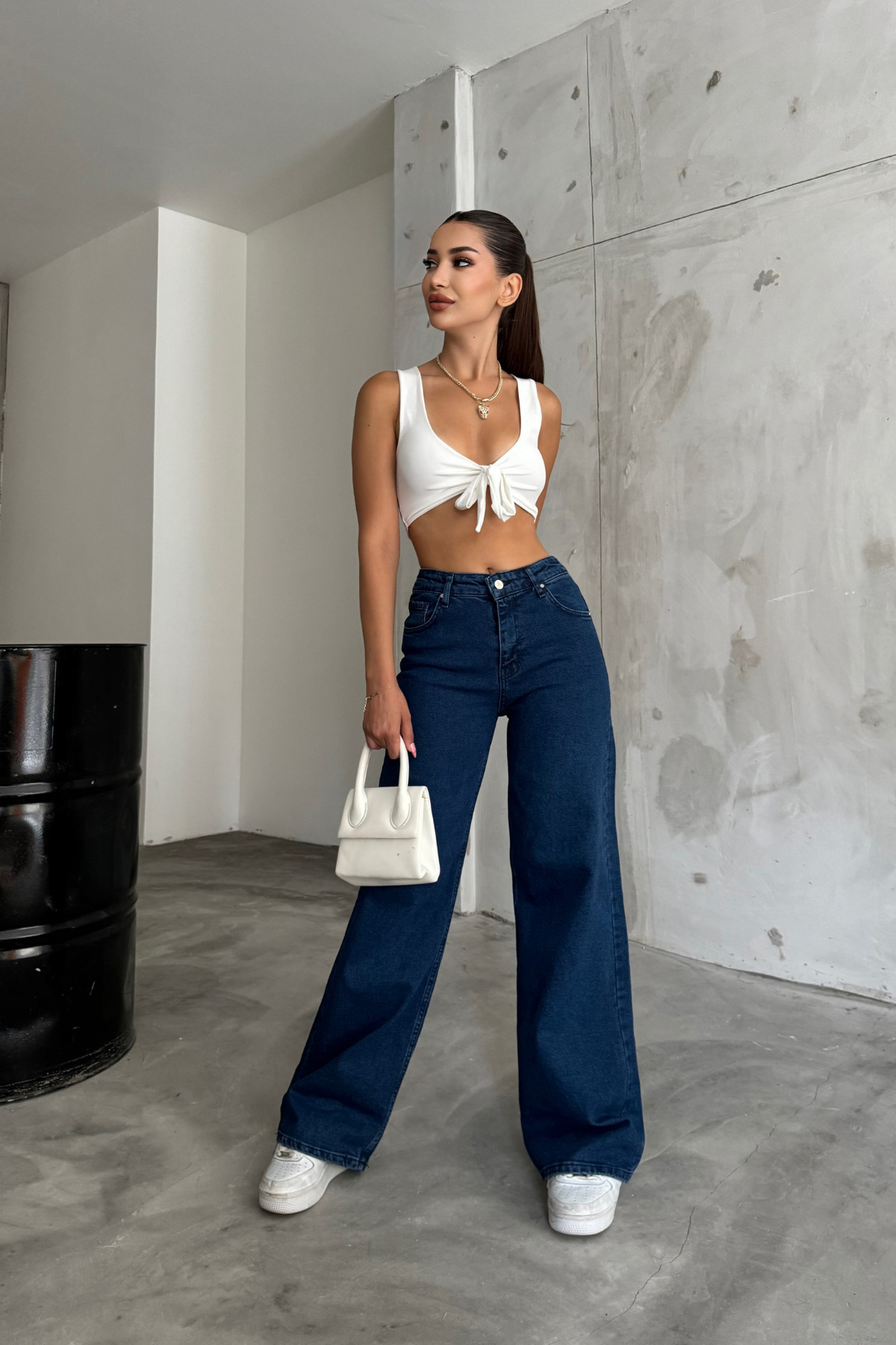 BİKELİFE  Lacivert Yüksek Bel Palazzo Jean - Görsel 8