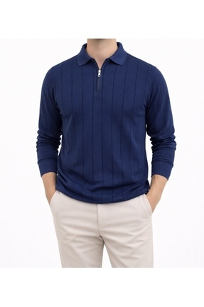 HELS GİYİM Erkek Regular Fit Yarım Fermuarlı Polo Yaka Triko Kazak - Çizgi De...
