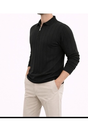HELS GİYİM Erkek Regular Fit Yarım Fermuarlı Polo Yaka Triko Kazak - Çizgi De...