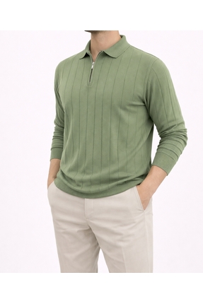 HELS GİYİM Erkek Regular Fit Yarım Fermuarlı Polo Yaka Triko Kazak - Çizgi De...