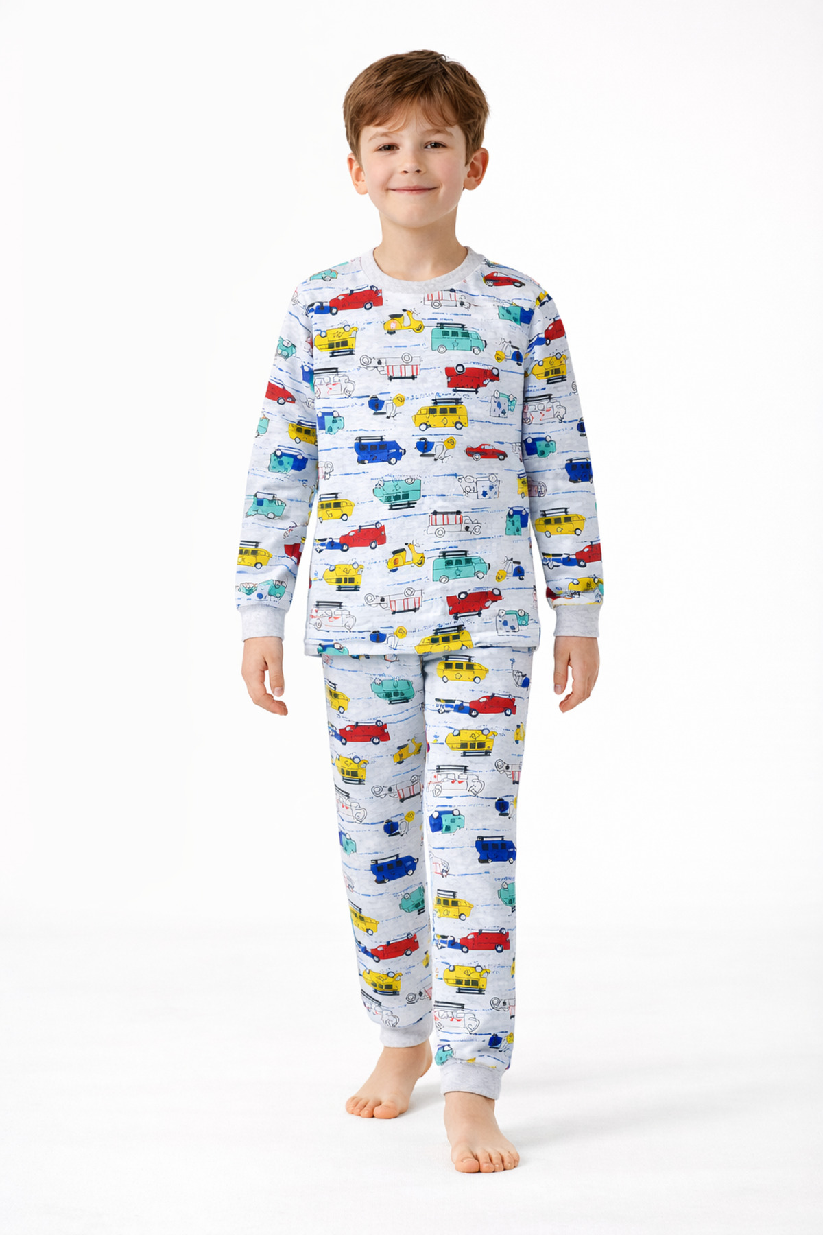 Car Patterned Boy Long Sleeve Cotton Bottom Top Pajamas Set