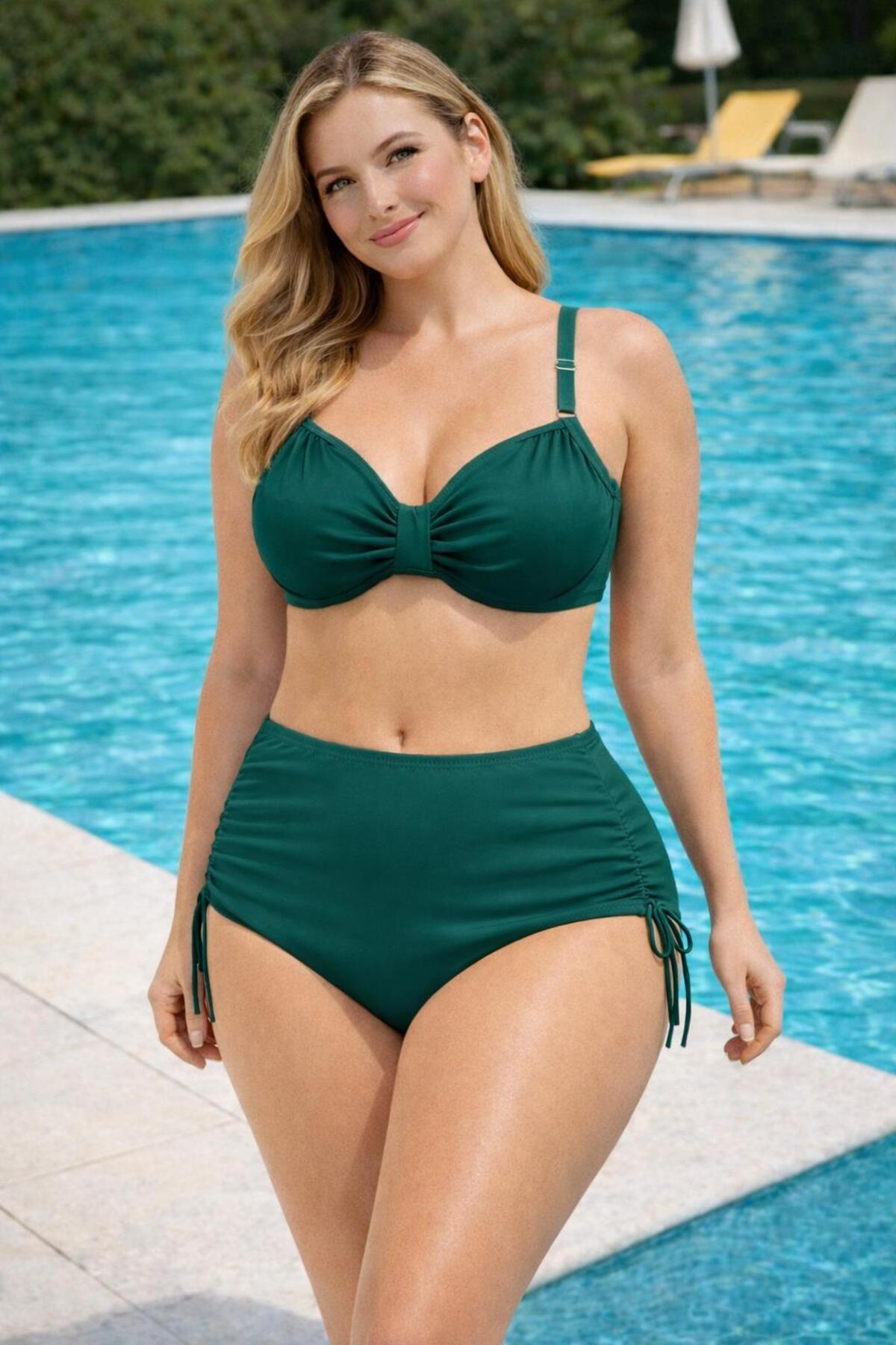 Women's Dark Green Lycra Stretch Stylish Plus Size String Underwire Wrap High Waist Bikini Set