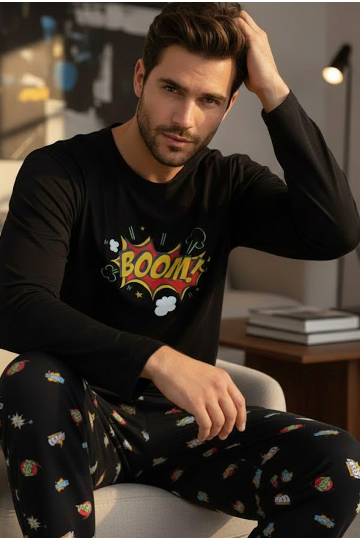 Siyah İnci  siyah desenli Pamuklu Bisiklet Yaka Baskılı Kısa Kollu Örme Pijama Takım