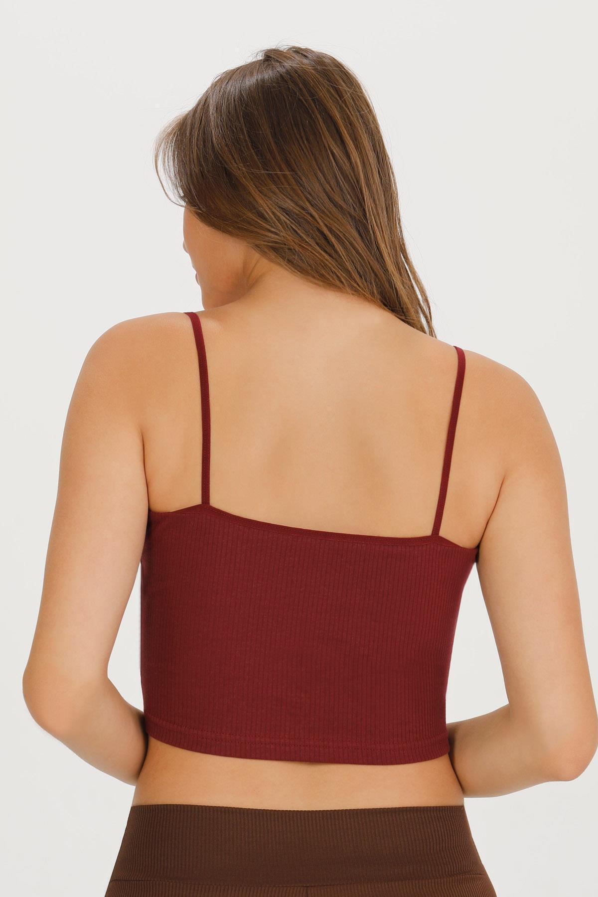 Sensu Kadın Fitilli Kumaş İp Askılı Crop Büstiyer - CROP120 -BORDO görsel 4