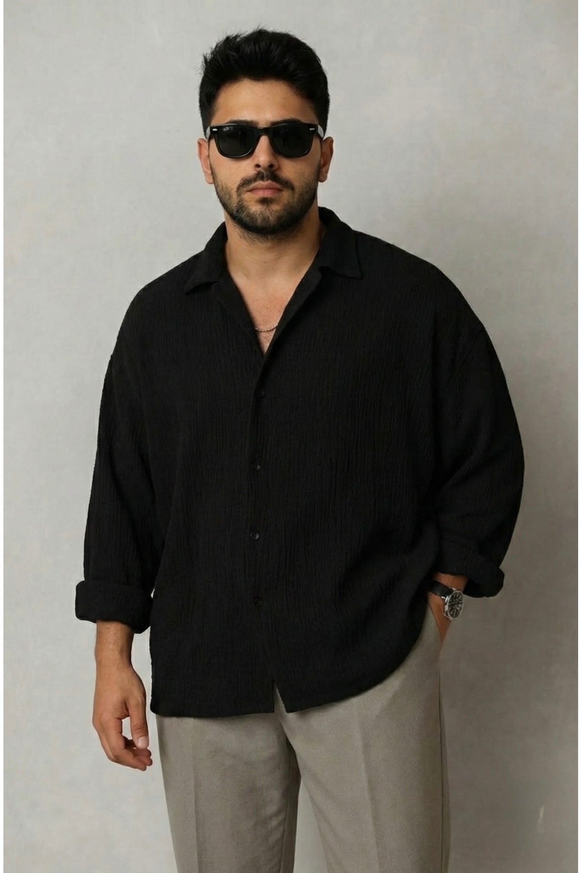 bb butik basic  Erkek Ütü İstemeyen Oversize Bürümcük Gömlek SİYAH