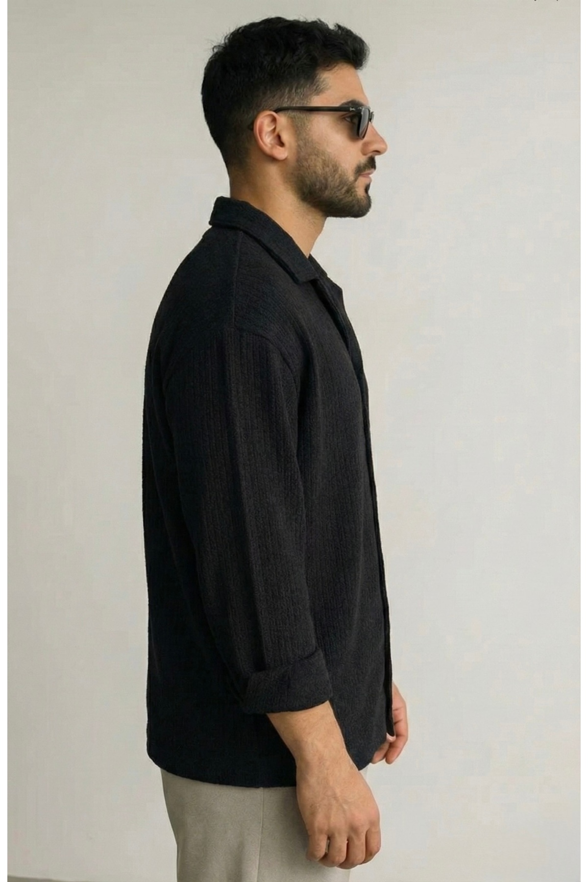 bb butik basic  Erkek Ütü İstemeyen Oversize Bürümcük Gömlek SİYAH - Görsel 6