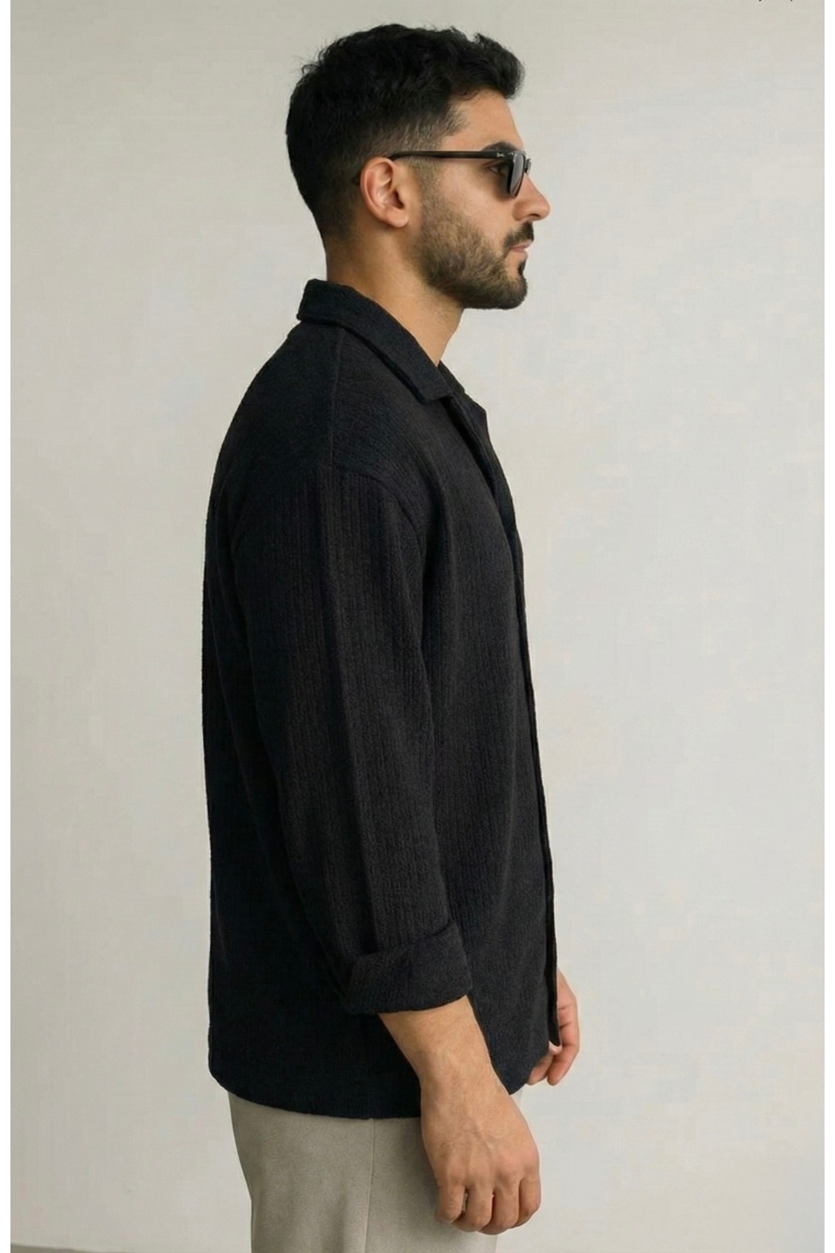 bb butik basic  Erkek Ütü İstemeyen Oversize Bürümcük Gömlek SİYAH - Görsel 3