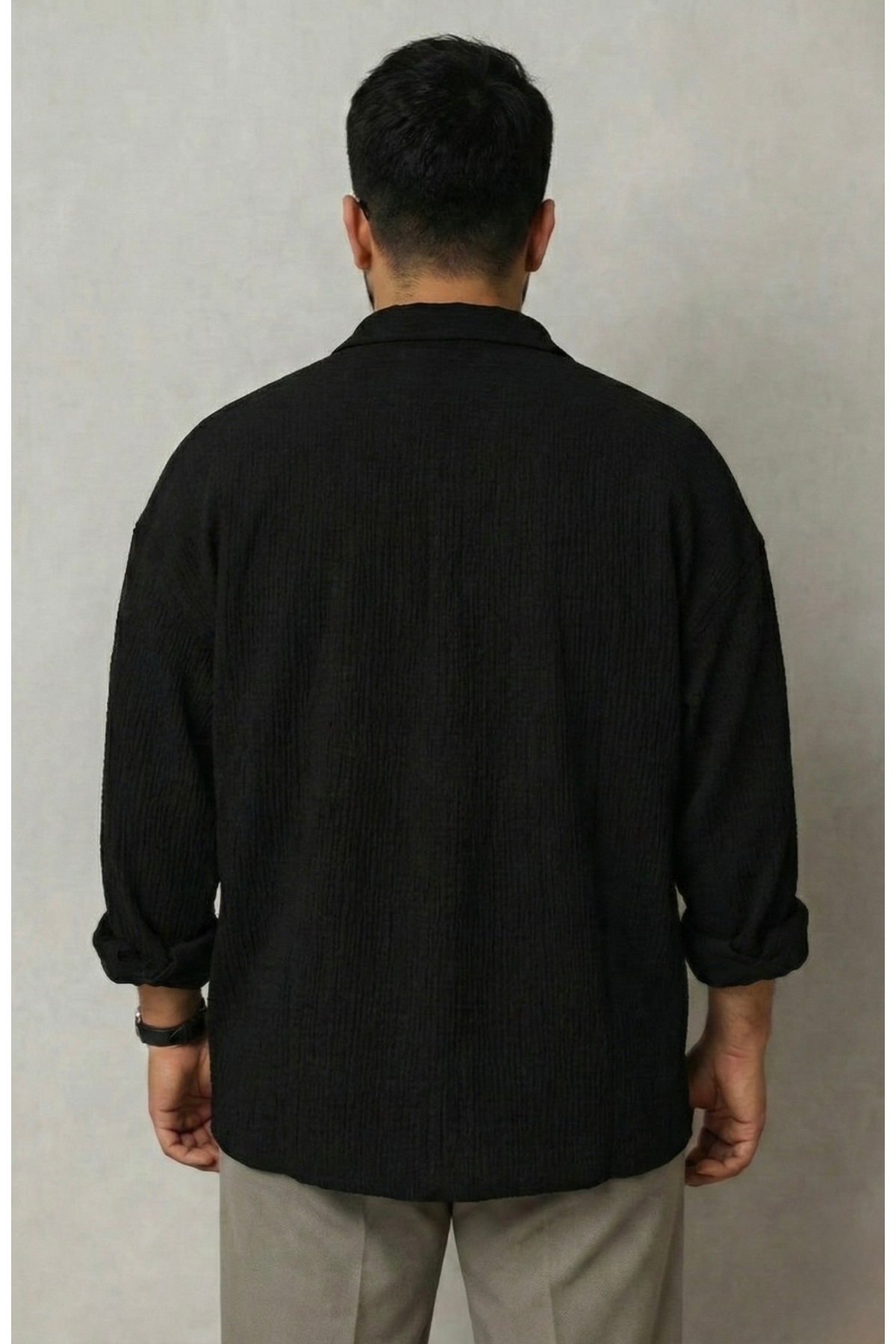 bb butik basic  Erkek Ütü İstemeyen Oversize Bürümcük Gömlek SİYAH - Görsel 4