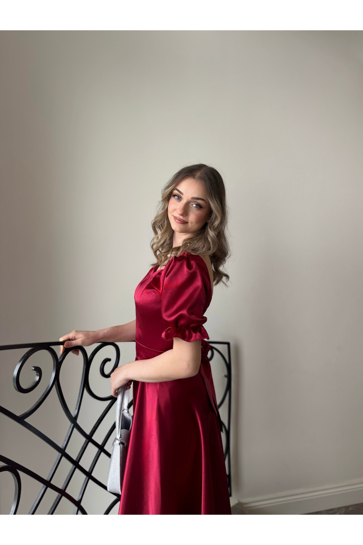 Birce Women's Claret Red Satin Heart Collar Frilly Sleeve Detailed Modern Graduation Wedding Wedding Dress/Evening Dress
