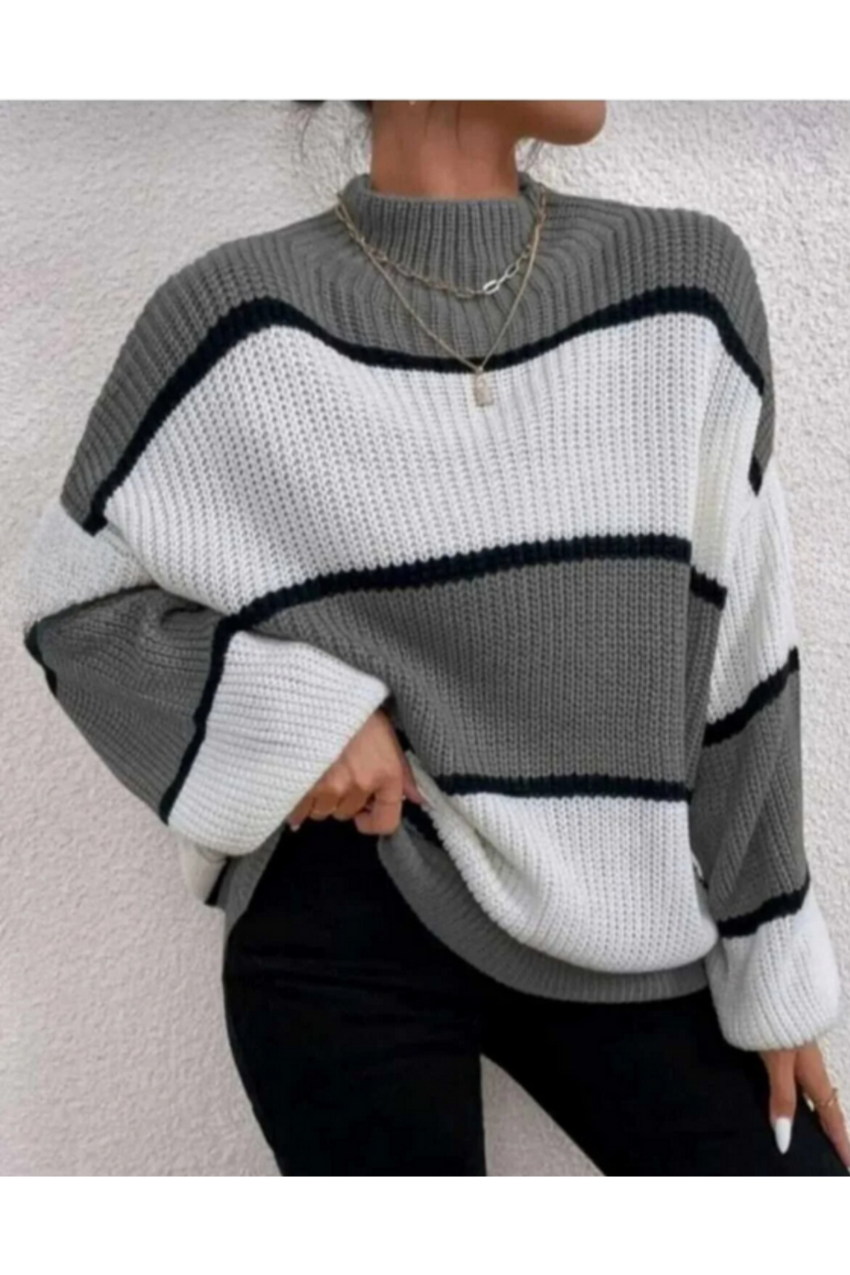 MODASPARK  Gri Beyaz Yarım Balıkçı Oversize Kadın Triko Kazak - Görsel 6