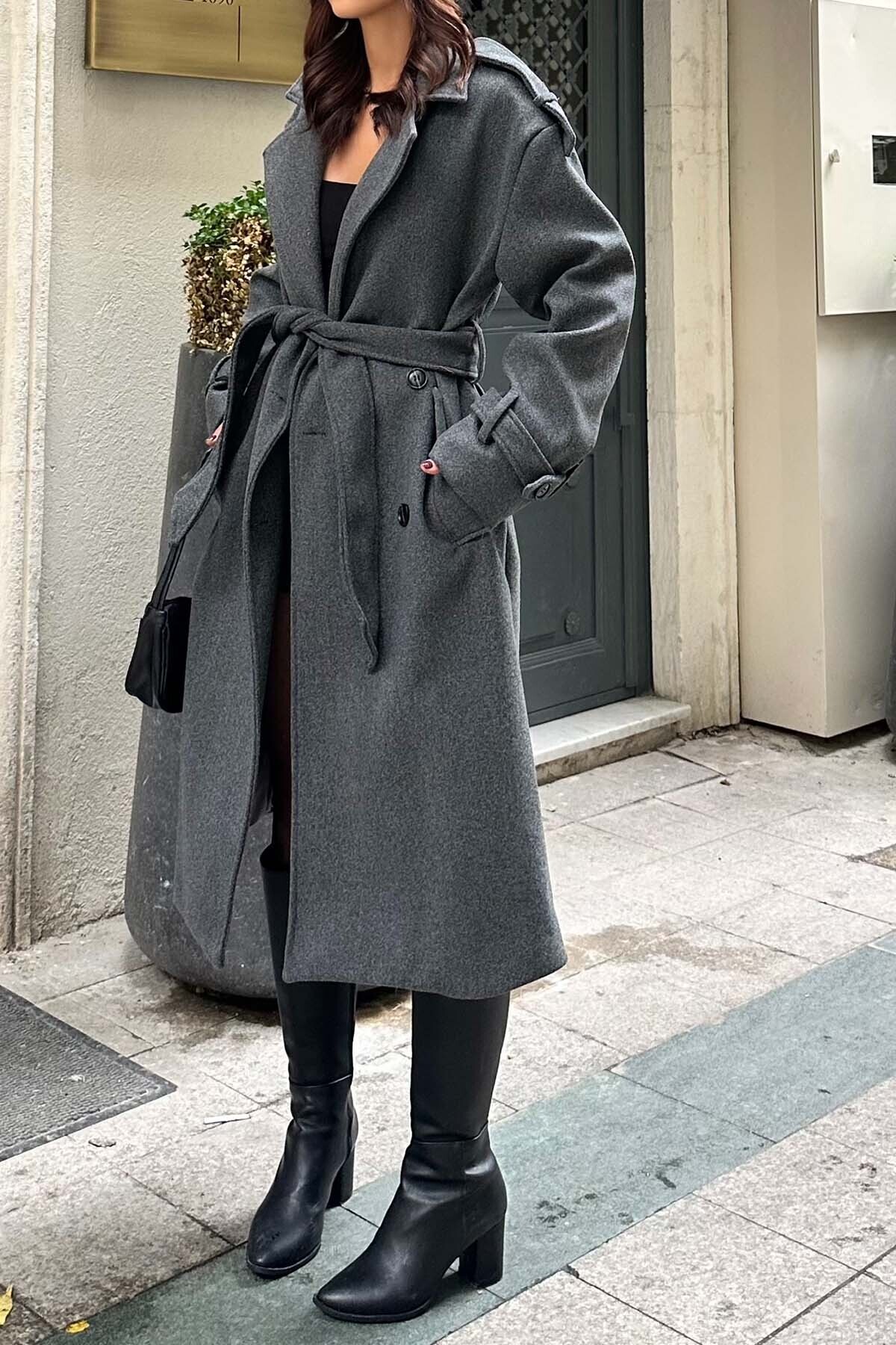 My Loore  Kadın Antrasit Oversize Kuşaklı Premium Kaşe Kaban | Astarlı & Cepli MLB077 - Görsel 7