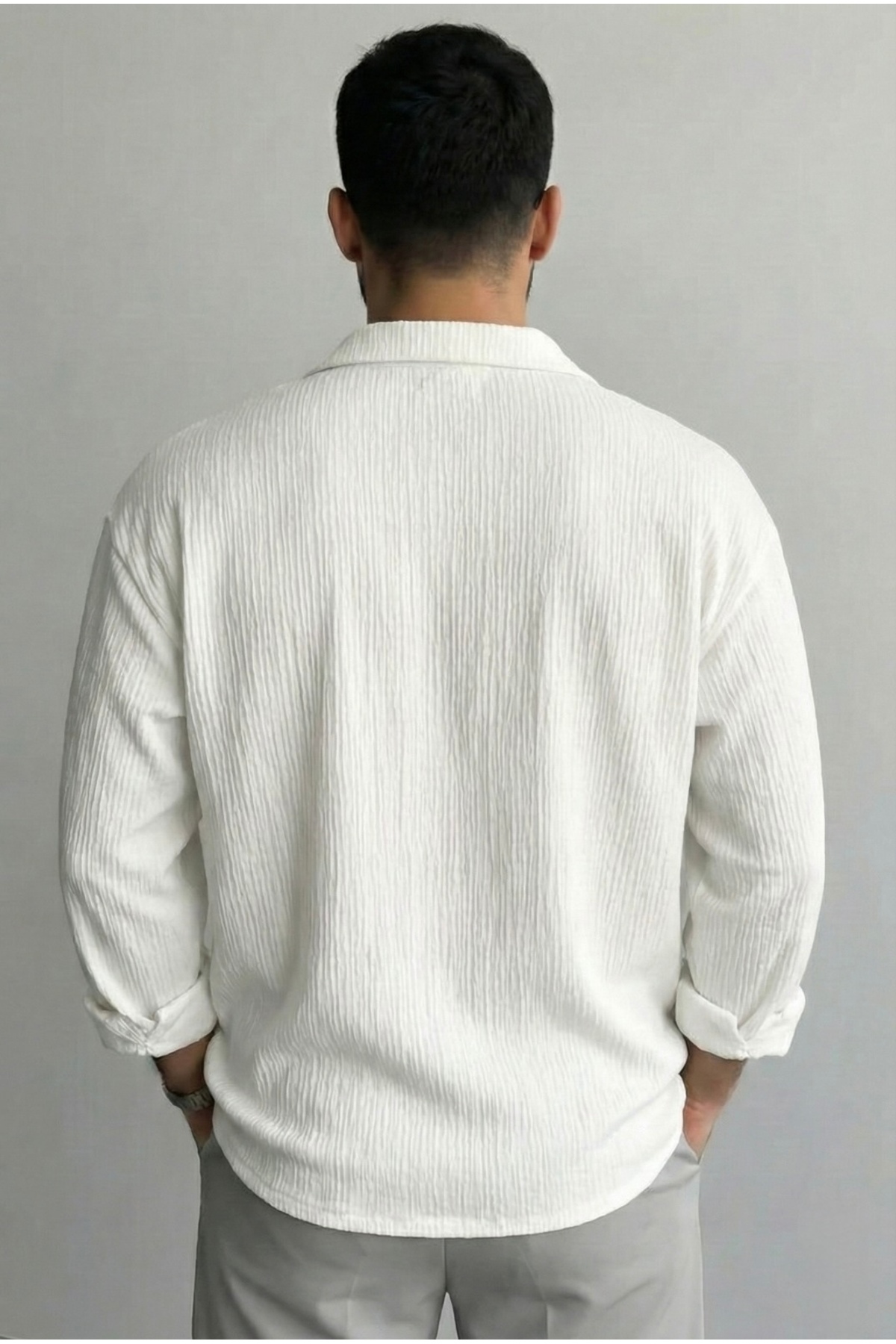 bb butik basic  Erkek Ütü İstemeyen Oversize kırık beyaz Bürümcük Gömlek BEYAZ - Görsel 5