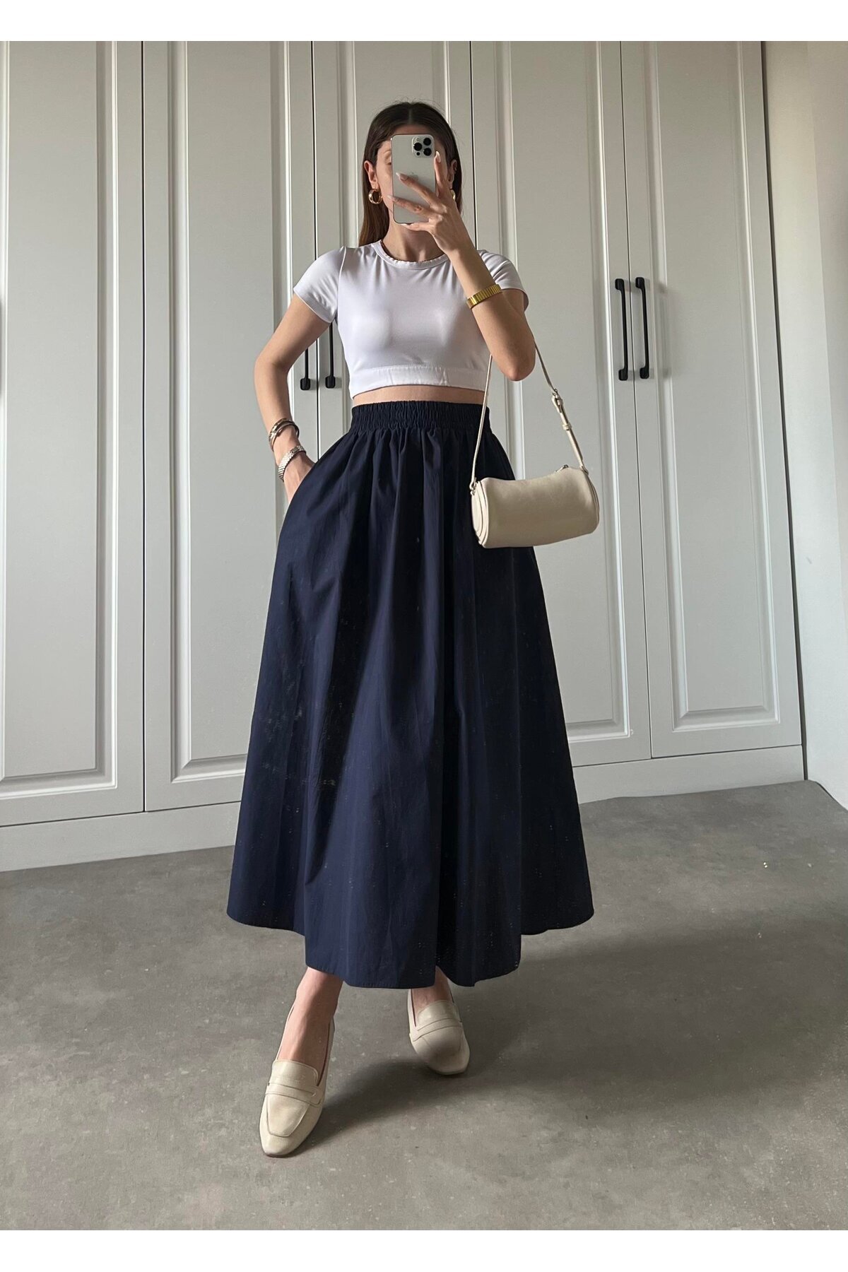 Gülmude  Uzun Beli Lastikli Etek Fleto Cepli İç Göstermez Poplin Kumaş Mevsimlik Etek (90CM)