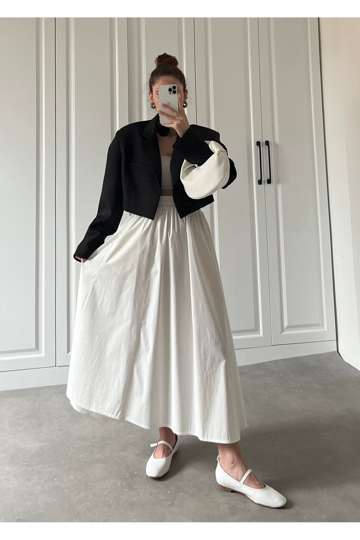 Gülmude  Uzun Beli Lastikli Etek Fleto Cepli İç Göstermez Poplin Kumaş Mevsimlik Etek (90CM) - Görsel 5