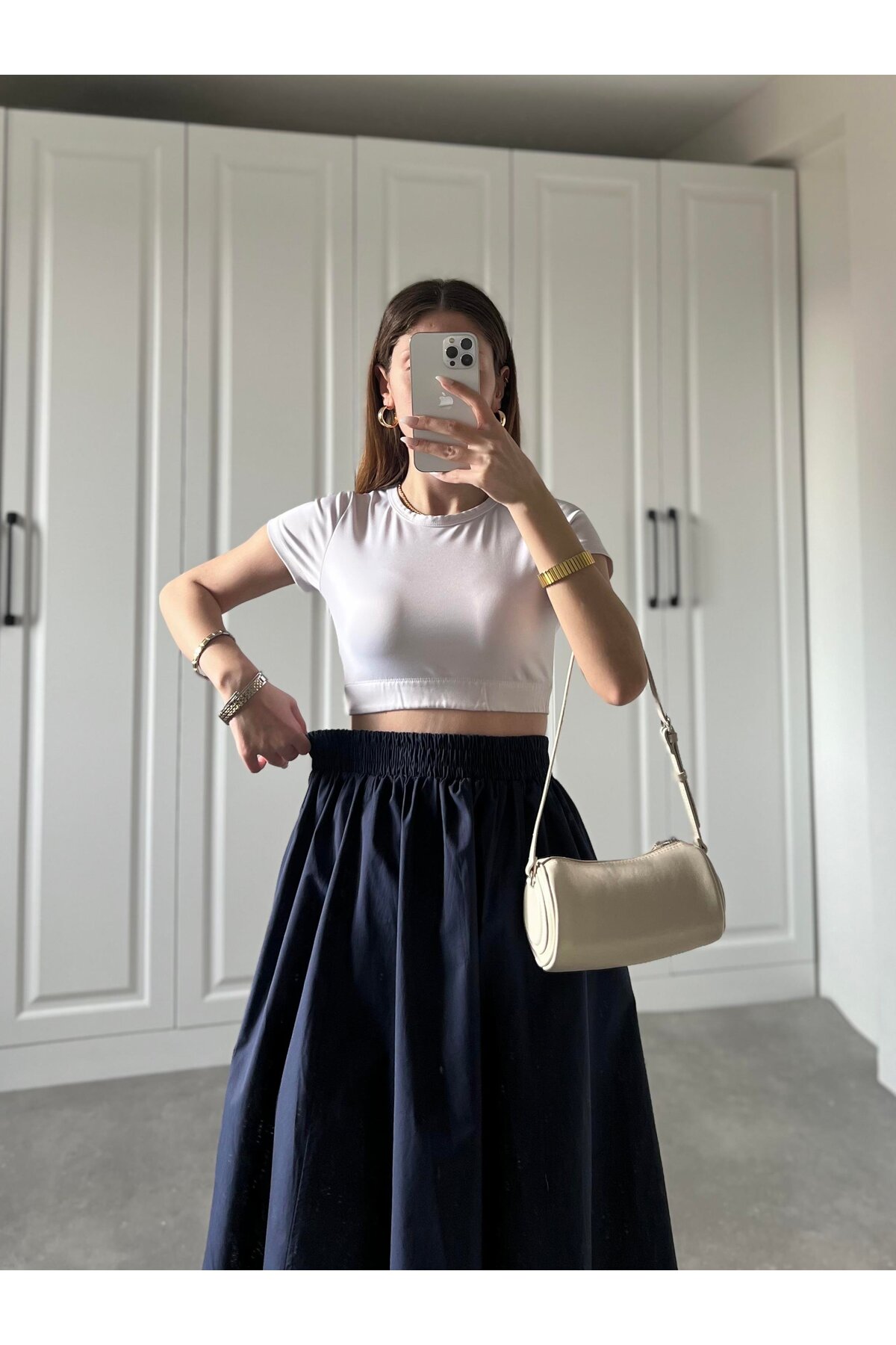 Gülmude  Uzun Beli Lastikli Etek Fleto Cepli İç Göstermez Poplin Kumaş Mevsimlik Etek (90CM) - Görsel 5