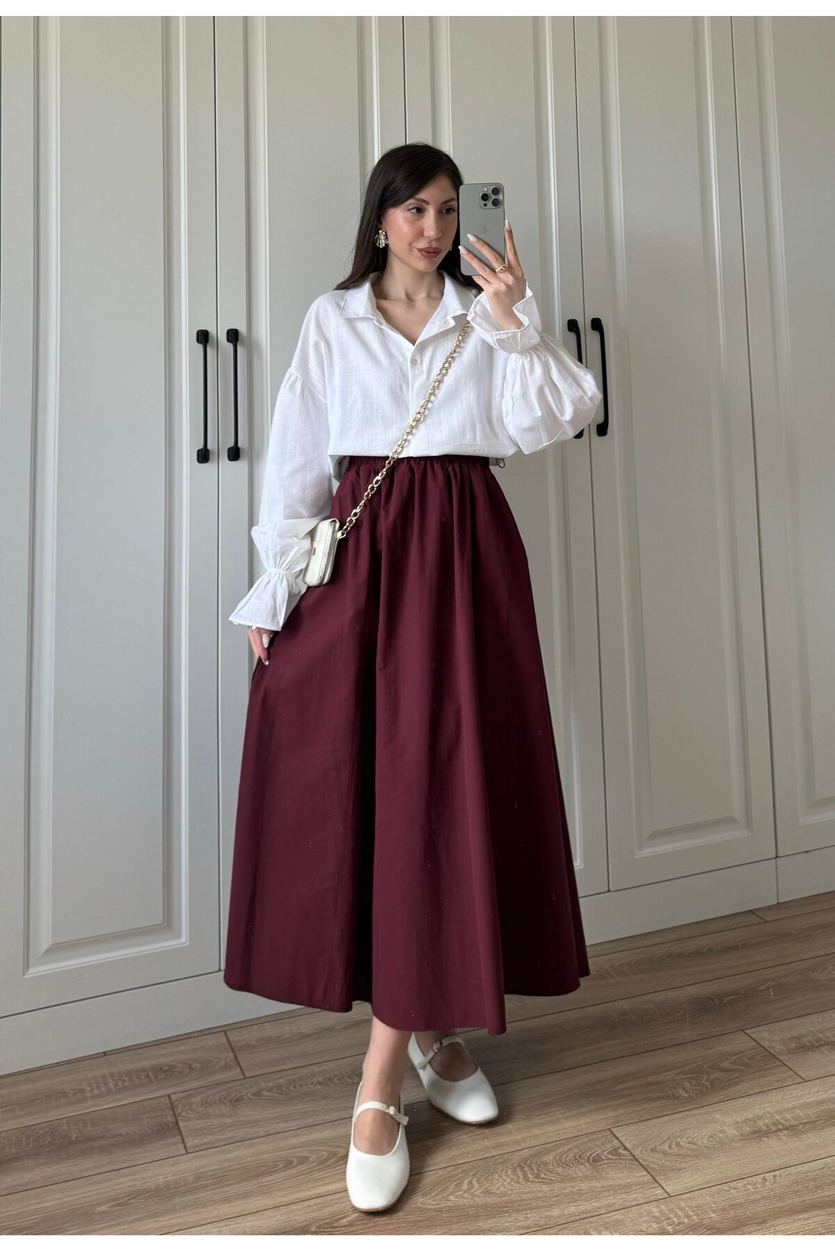 Gülmude Uzun Beli Lastikli Etek Fleto Cepli İç Göstermez Poplin Kumaş Mevsimlik Etek (90CM) görsel 3