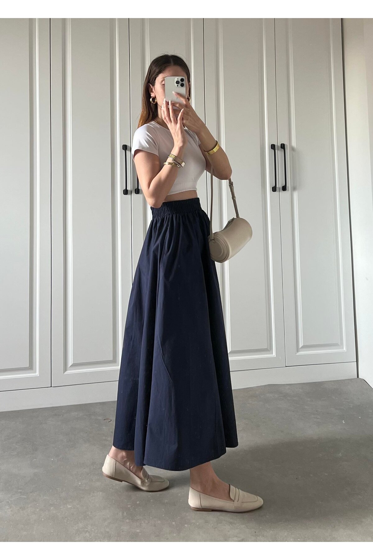 Gülmude  Uzun Beli Lastikli Etek Fleto Cepli İç Göstermez Poplin Kumaş Mevsimlik Etek (90CM) - Görsel 3