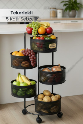 Orvila 5 Katlı Tekerlekli Tepsili Metal Sebzelik Açılır Patates Soğan Meyveli...