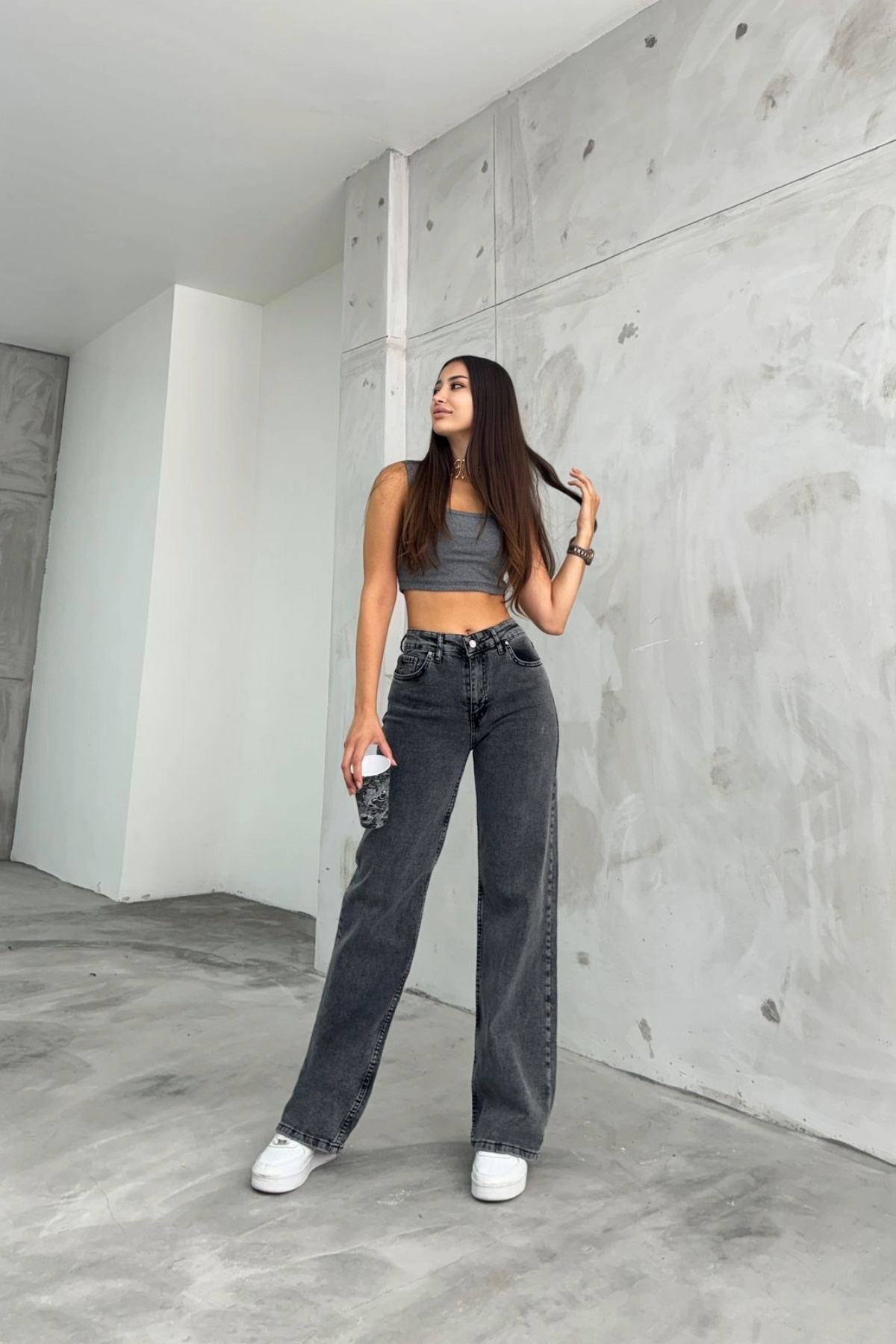 BİKELİFE  Kadın Füme Kar Yıkamalı Yüksek Bel Palazzo Jean - Görsel 8