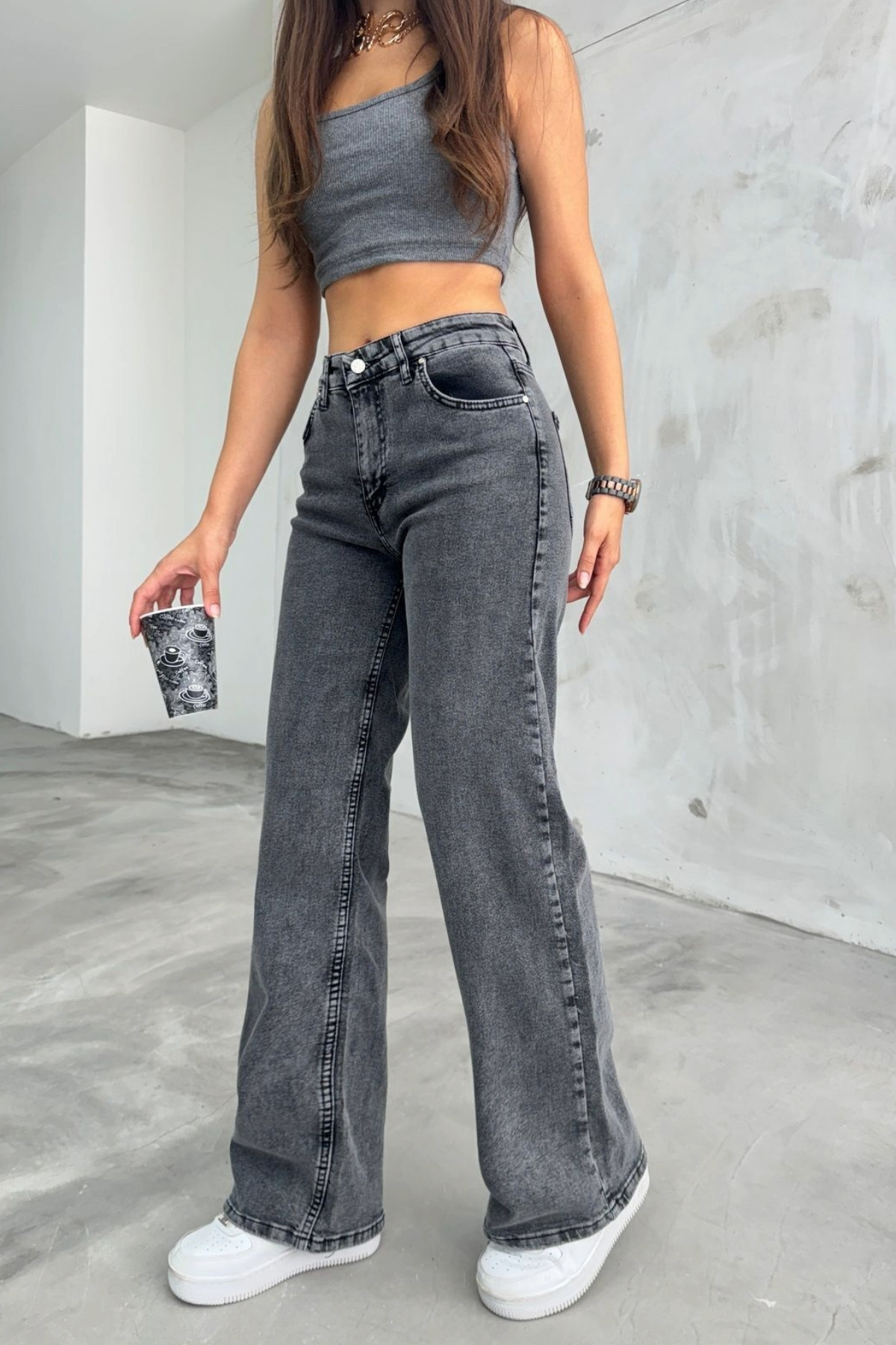 BİKELİFE  Kadın Füme Kar Yıkamalı Yüksek Bel Palazzo Jean - Görsel 6