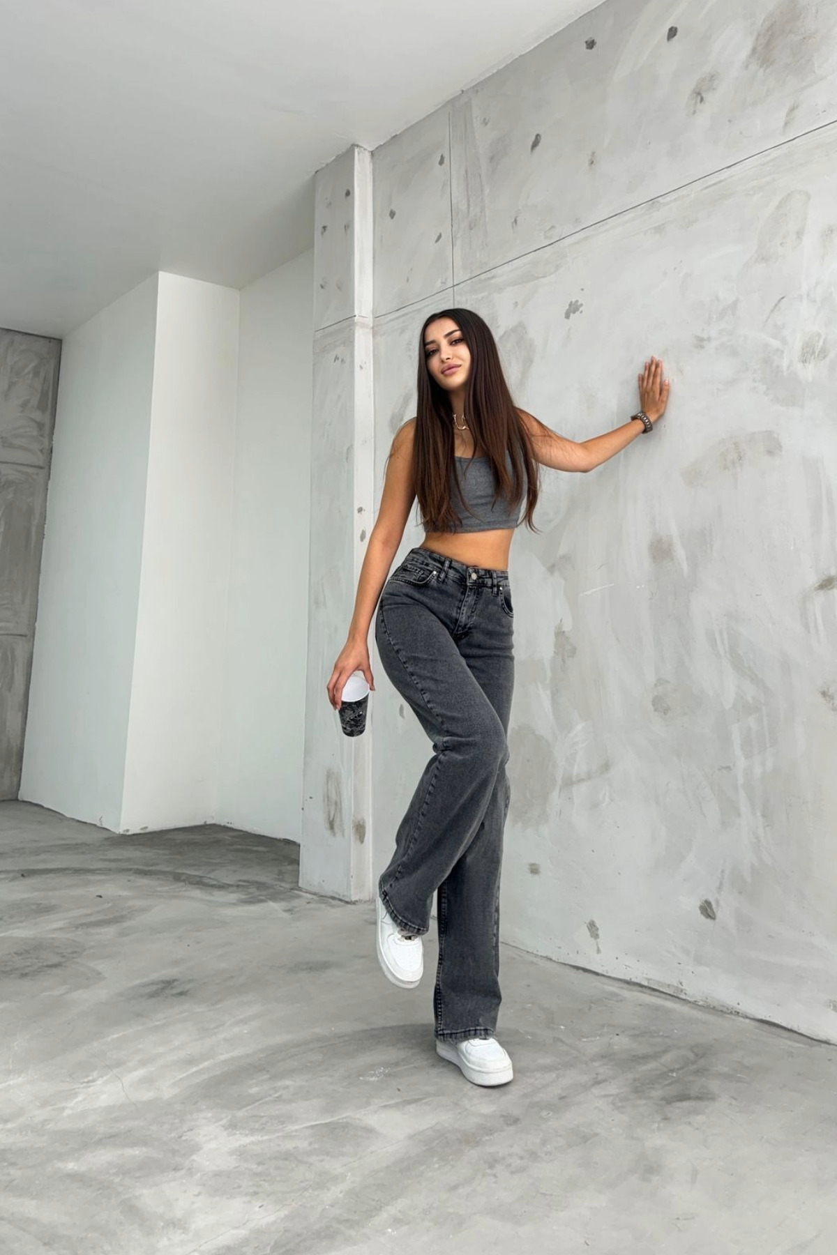 BİKELİFE  Kadın Füme Kar Yıkamalı Yüksek Bel Palazzo Jean - Görsel 7