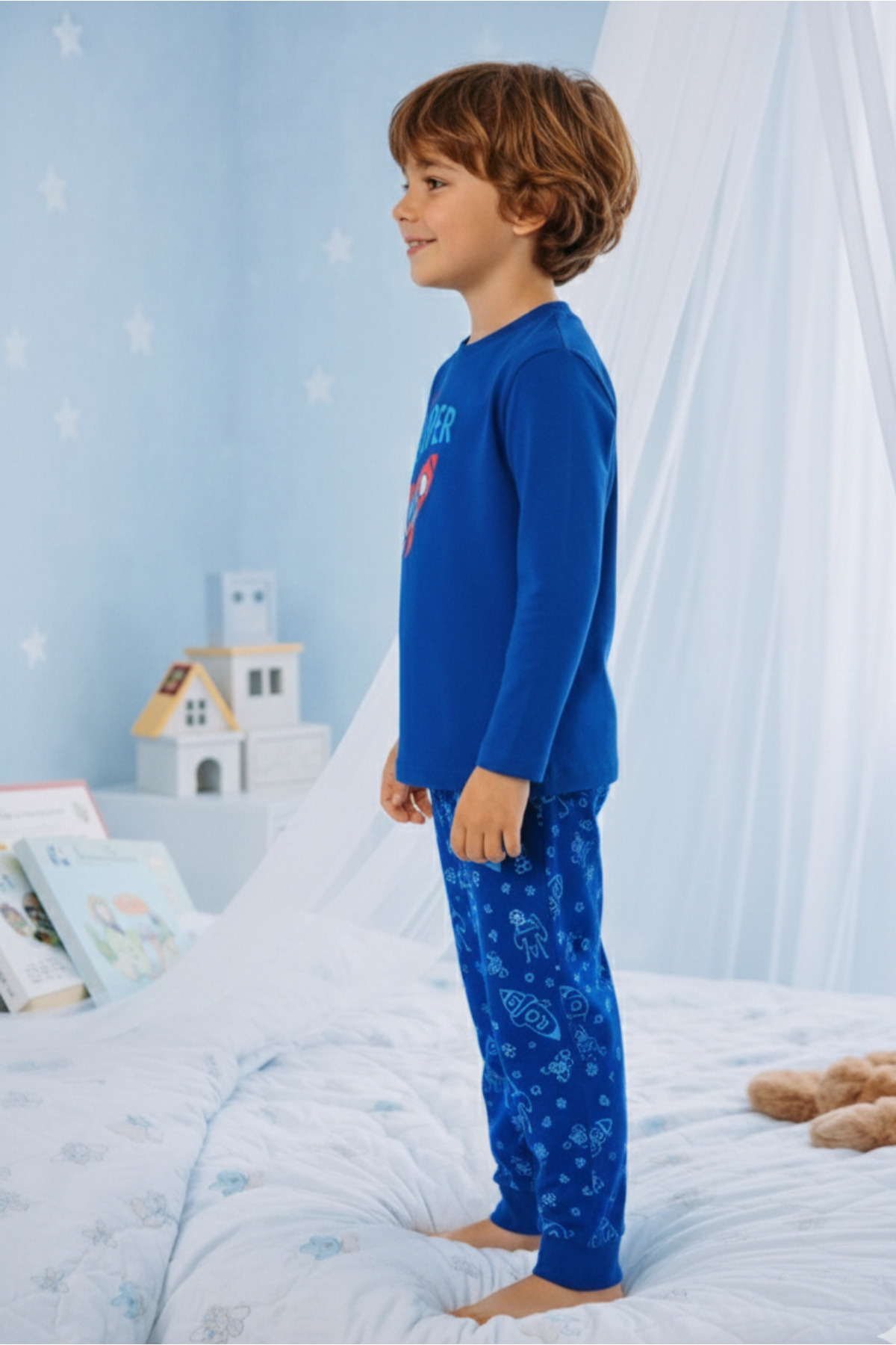 DOFİ Erkek Çocuk Mavi Uzay Desenli Süpersoft Pijama Takımı fotoğrafı 2 (önizleme)