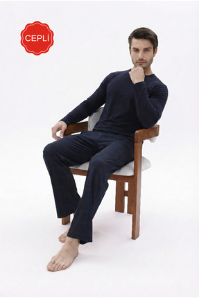 Pijamasoft Erkek Lacivert-Lacivert Ekose Baskılı Pamuklu Örme Uzun Kollu Cepl...