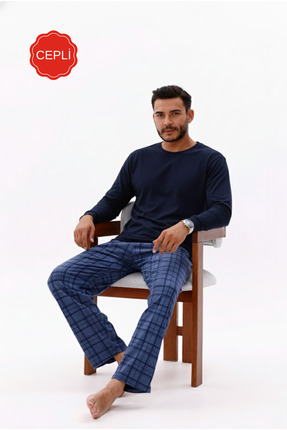 Pijamasoft Erkek Lacivert-Turkuaz Ekose Baskılı Pamuklu Örme Uzun Kollu Cepli...
