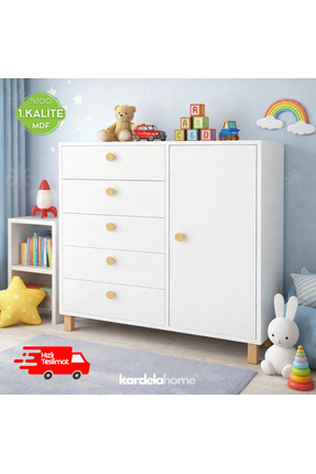 Kardelahome %100 Mdf Bebek Odası Çocuk Odası Şifonyer 5 Çekmeceli Kapaklı Dol...