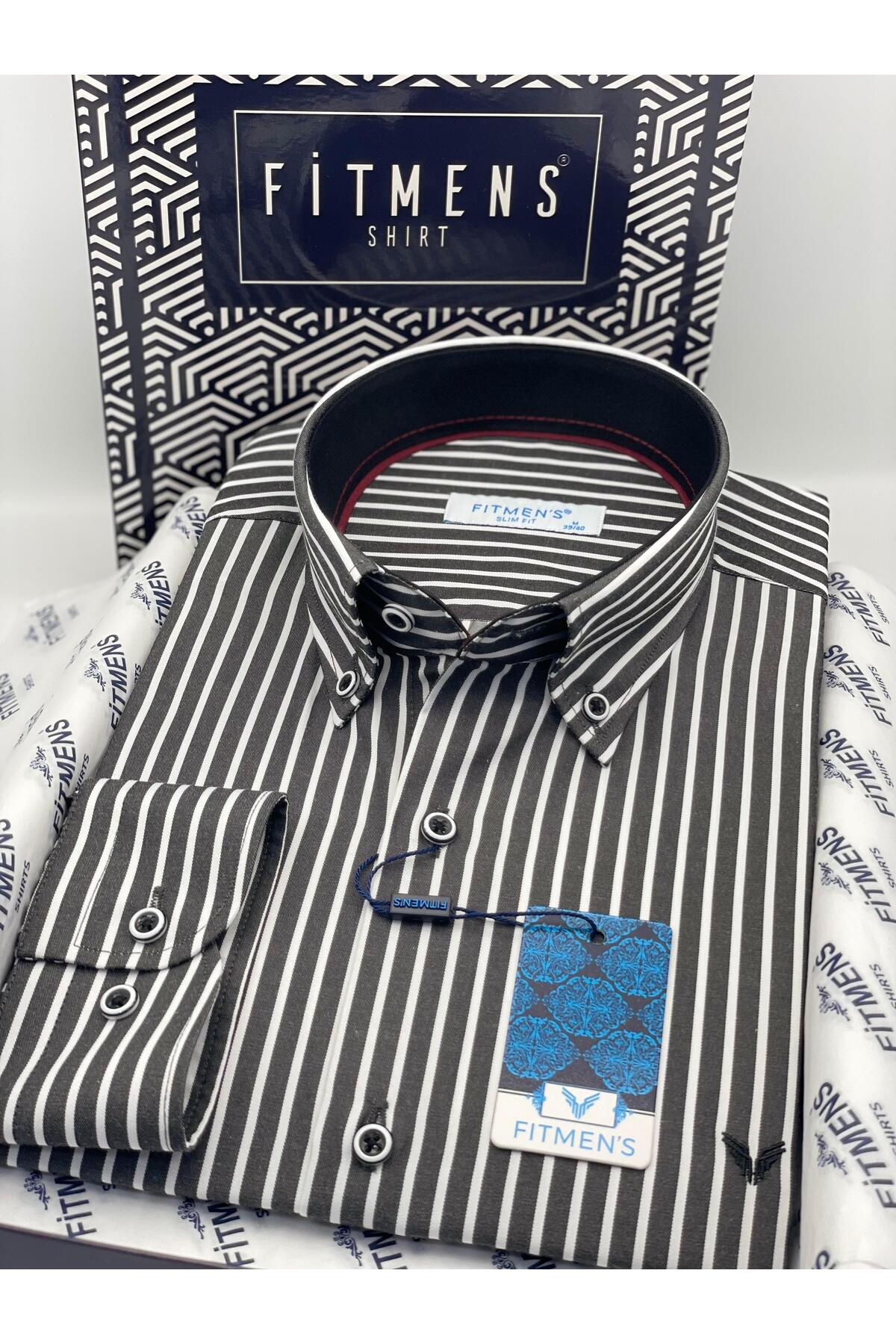 Slim Fit Long Sleeve Premium Thick Striped Neck Buttoned Easy Iron Men's Shirt with Gift Box F