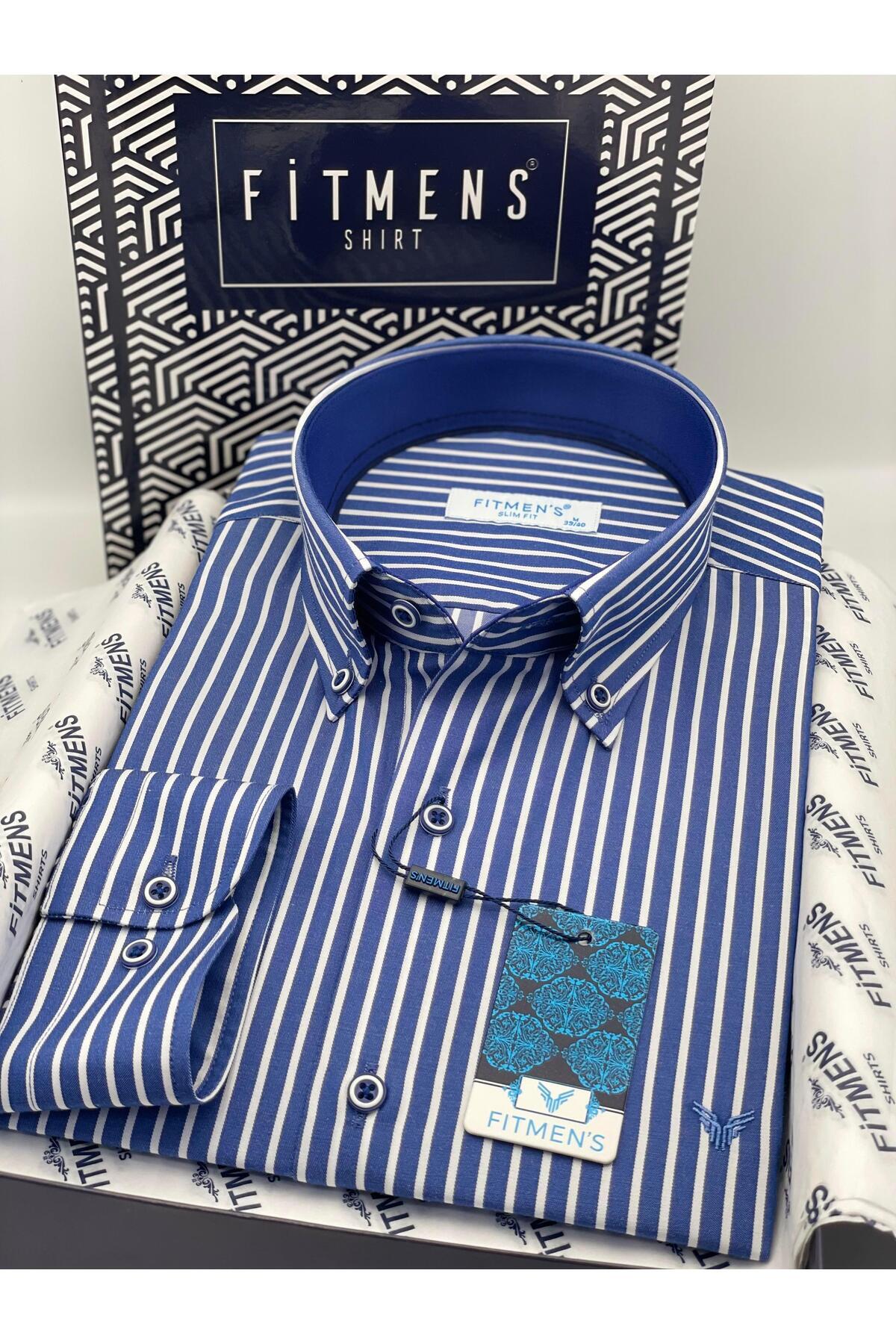 Slim Fit Long Sleeve Premium Thick Striped Neck Buttoned Easy Iron Men's Shirt with Gift Box F