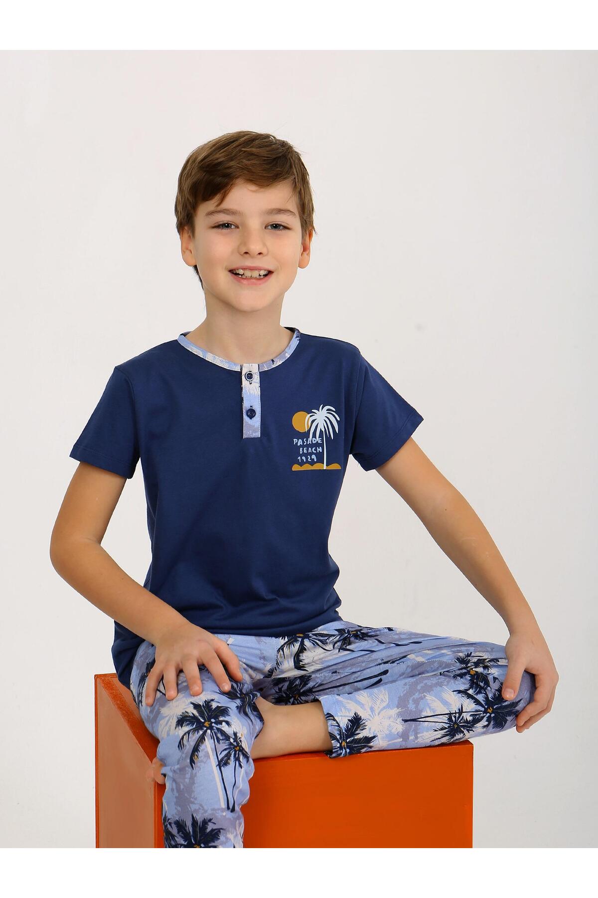 vitmo Erkek Çocuk Kısa Kollu Düğme Detaylı %100 Pamuklu Pijama Takımı The Palm fotoğrafı 4 (önizleme)