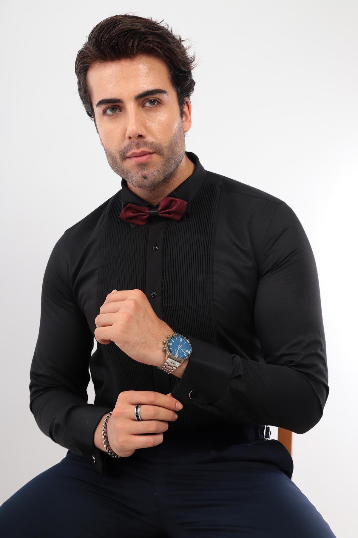 Slim Fit Long Sleeve Soft Satin Tuxedo Groom Men's Gift Boxed Shirt FS-001947-BLACK