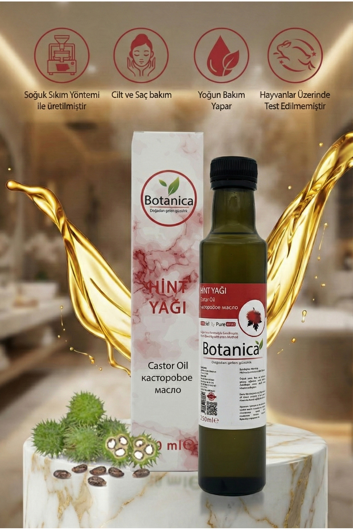 botanica %100 Saf Soğuk Sıkım Hint Yağı 250 ml (Hexane Free) - Saç ve Kirpik Gürleştirici