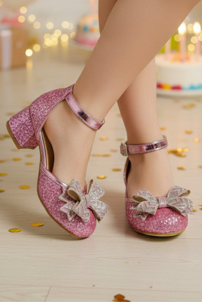 NeSe Shoes Işıltılı ve Taşlı Fiyonklu Kız Çocuk Topuklu Ayakkabı, Abiye Ayakk...