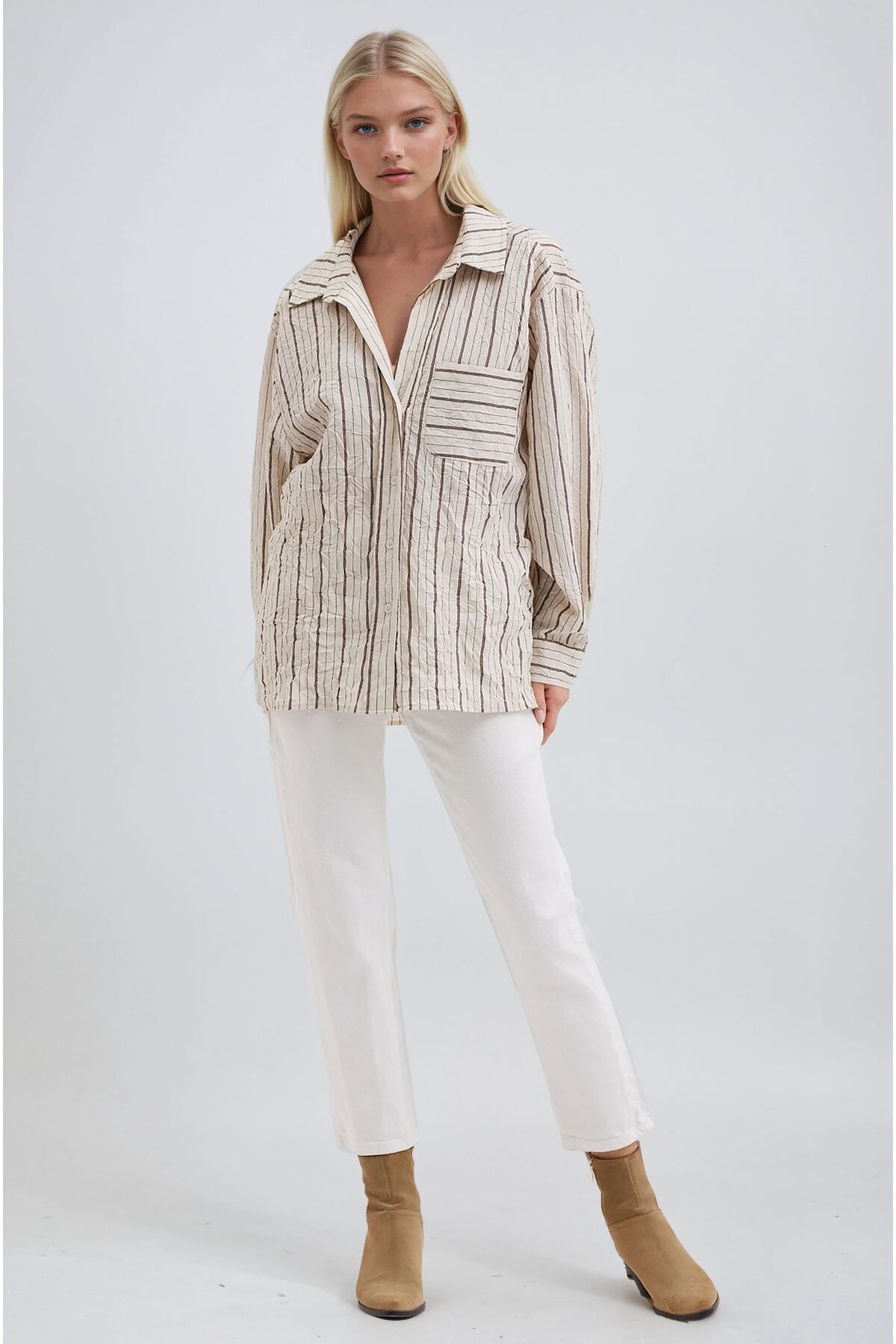 Lijuri  Ekru Kırışık Detaylı Rahat Kesim Çizgili Gömlek 3493 - Görsel 5