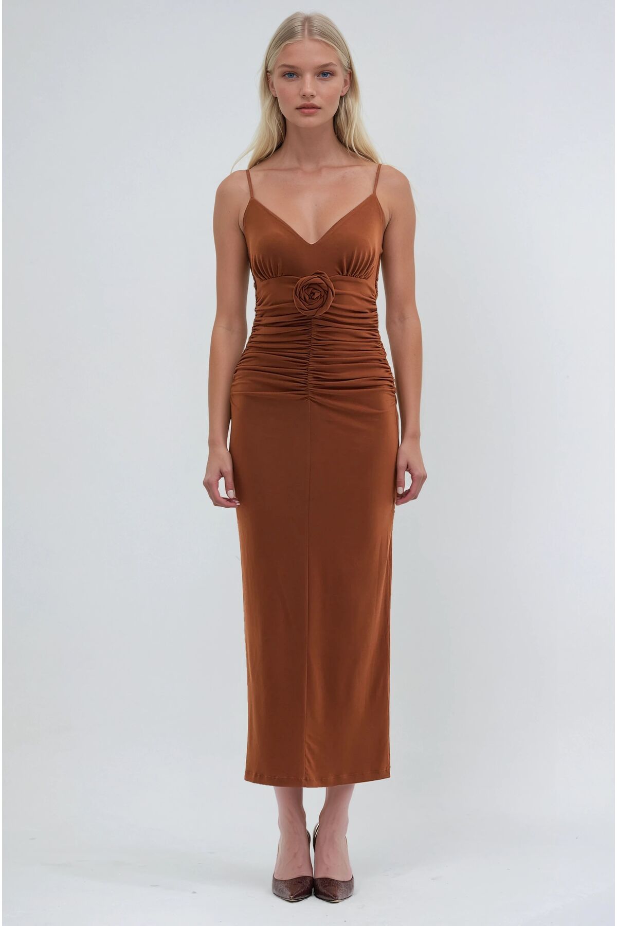 Brown Rose Detailed and Shirred Strappy Dress 2938 R5-D-2