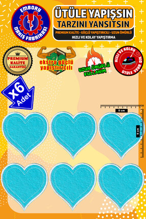 Embory Ütü Ile Yapışan Arma Yama, Mavi Kalp (6 ADET) Ütüyle Yapışan Nakış Dok...