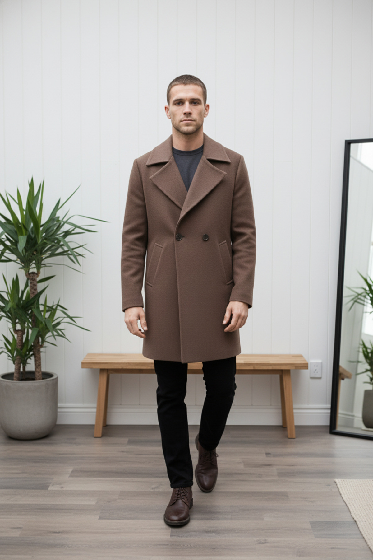 A&O Style Erkek Kahverengi Premium Oversize Düğme Detaylı Kruvaze Yaka Düz Kaşe Kaban
