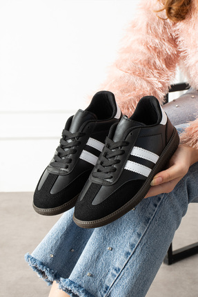 eformoda by emre yılmaz Siyah Beyaz Unisex Kadın Erkek Şeritli Rahat Taban Gü...