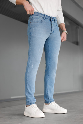 Ser Joven Erkek Açık Mavi Slim Fit Lazerli Likralı Jean Pantolon