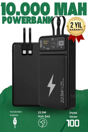 NEFFO 10000 mAh Dahili Kablolu Powerbank – 22.5W Hızlı Şarj, Dijital Ekran, Ç...