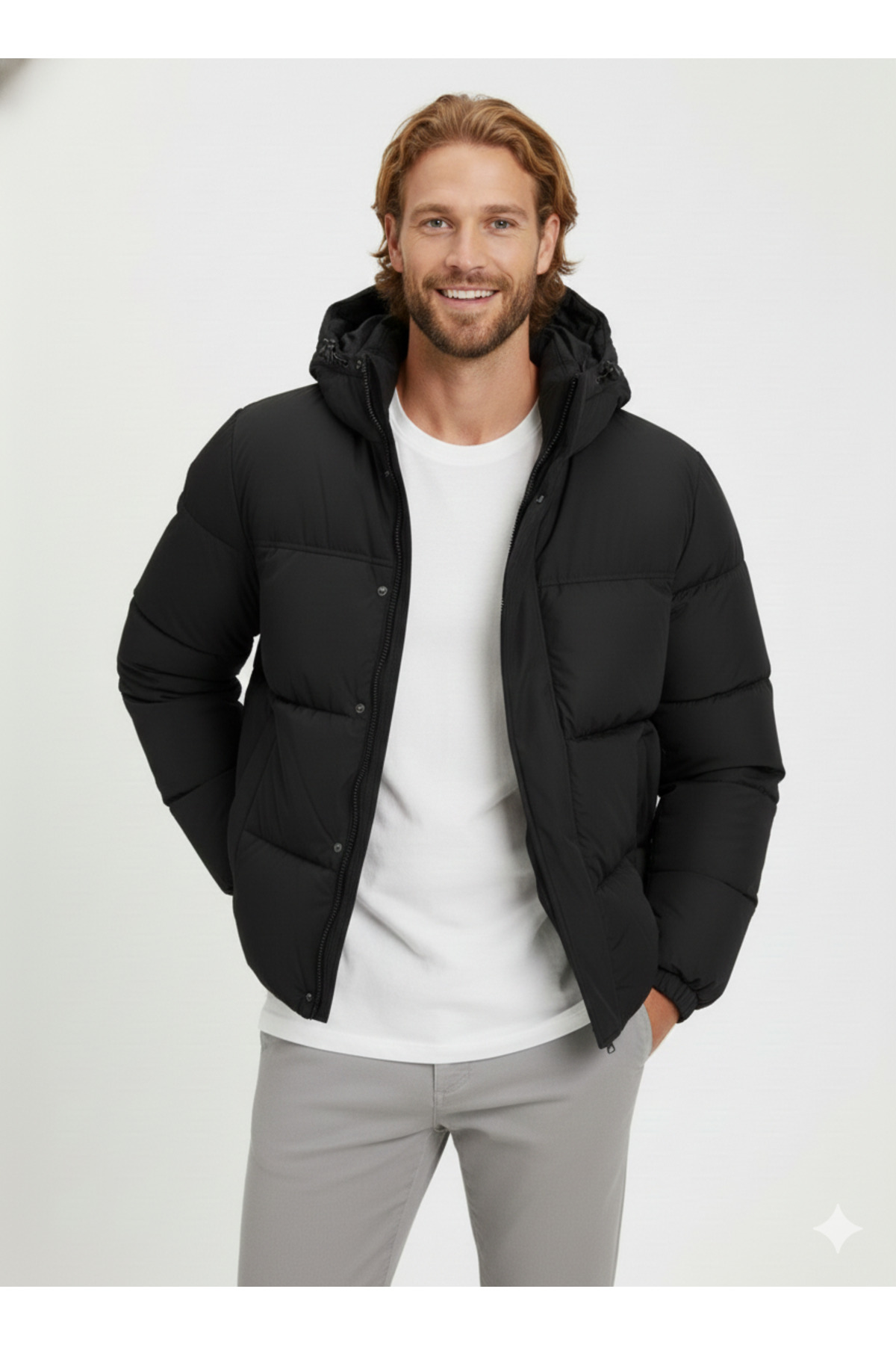 جک اند جونز کاپشن مردانه کلاه‌دار مشکی Jjebradley مدل Puffer کد 12256974-مشکی