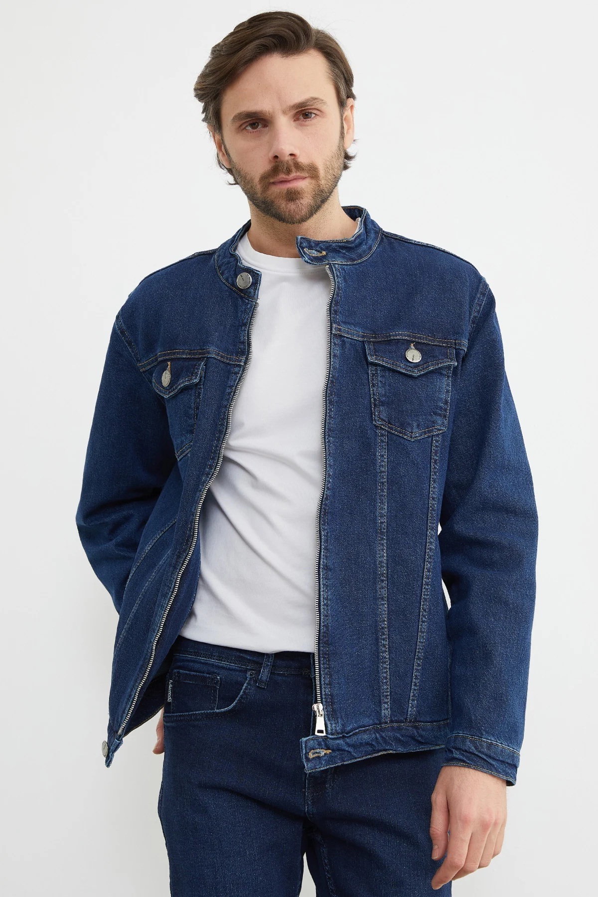 Genel Markalar  Denım Kot Ceket - Lacivert Slim Fit Erkek Denım Kot Ceket